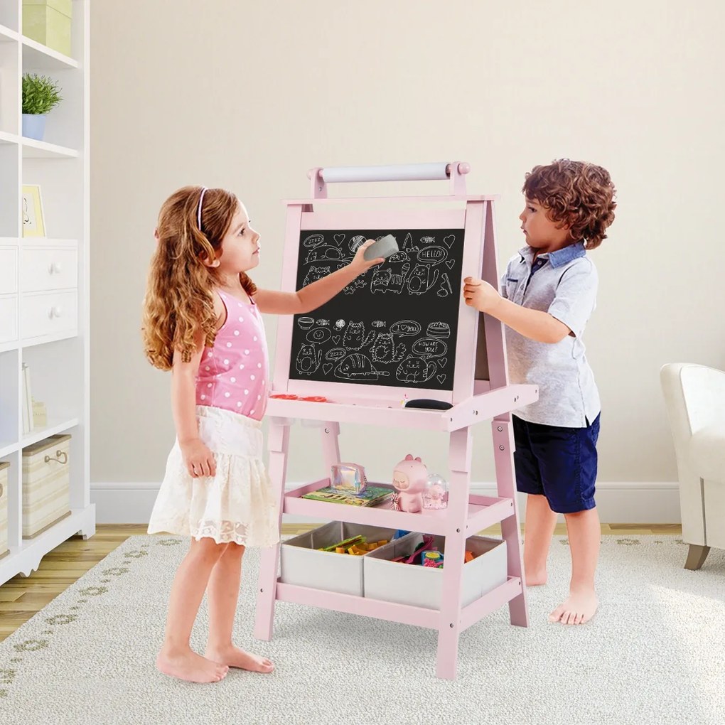 Cavalete infantil de dupla face 3 em 1 com 2 prateleiras 2 caixas e tabuleiro grande 59 x 50 x 117 cm Rosa