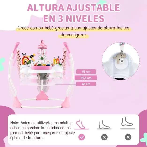 Centro de atividades para bebés com saltador, 6 brinquedos, luzes, música, 3 alturas ajustáveis, mesa giratória 360° para 6+ meses, rosa