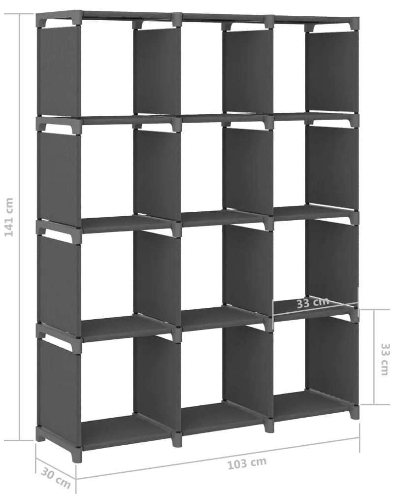 Unidade de prateleiras 12 cubos 103x30x141 cm tecido cinzento