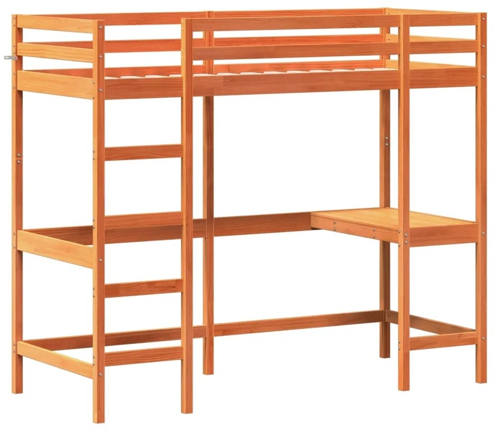 Cama alta com secretária 75x190 cm pinho maciço castanho-mel