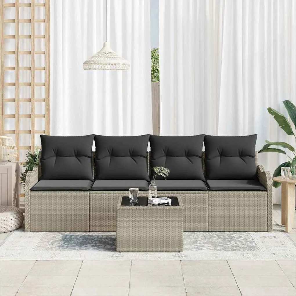 Conjunto de Sofás de Jardim com 5 Peças e Almofadas Cinza Claro em Rat