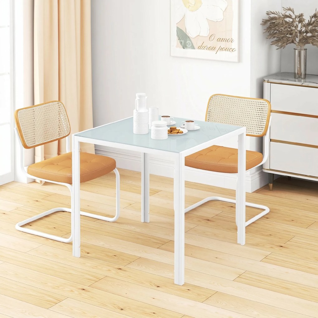 Mesa de Jantar em Vidro 75x75x75 cm, Quadrada para 4 Pessoas com Pés Metálicos (CADEIRAS NÃO INCLUIDAS), Branco