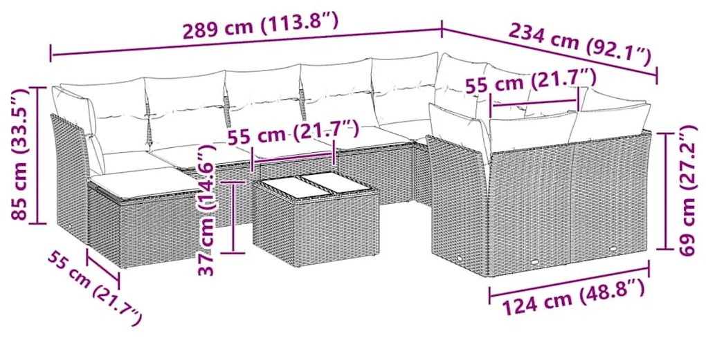 11 pcs conjunto sofás de jardim c/ almofadões vime PE cinzento