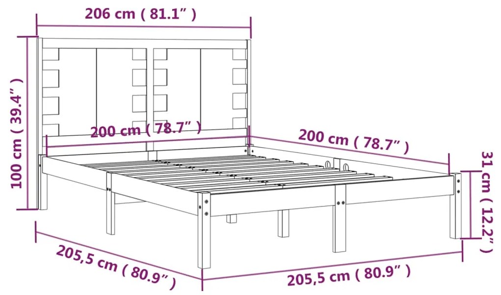 Estrutura de cama 200x200 cm madeira de pinho maciça