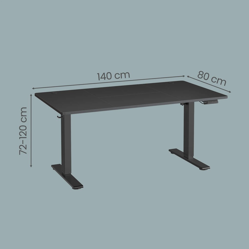 Secretária com regulação elétrica da altura 140 x 80 x (72-120) cm, secretária para trabalhar em pé com porta-cabos tipo C, preta