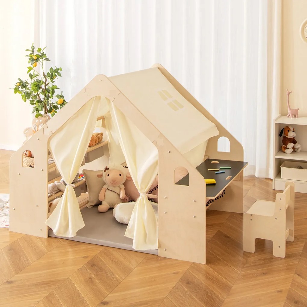 Tenda de brincar para crianças 6 em 1 145 x 98 x 113 cm dos 2 aos 6 anos com quadro de madeira cortinas secretária mesa cadeira estante bege