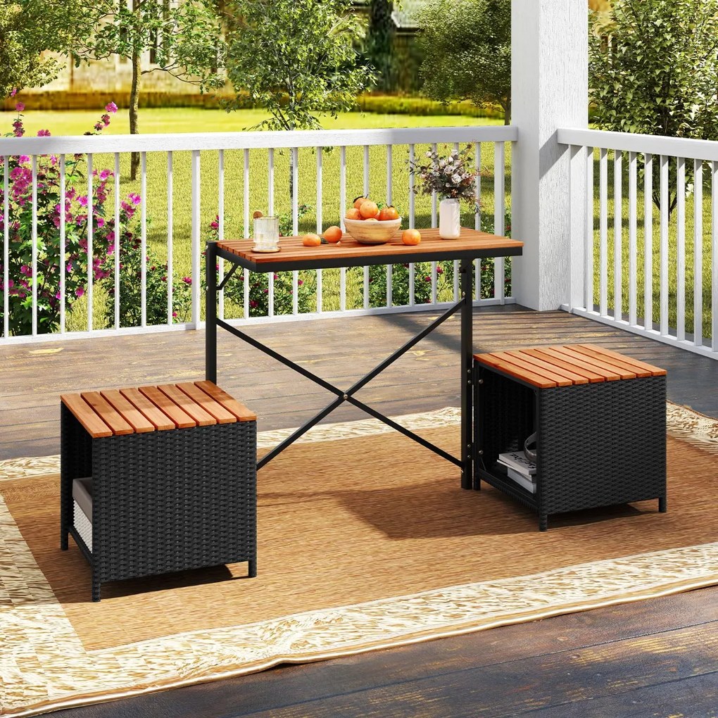 Banco Conversível para Exterior 2 em 1: Mesa de Piquenique e Sofá de 2 Lugares, Estrutura Metálica, Rattan de PE, Dobrável, para Pátios, Preto e casta