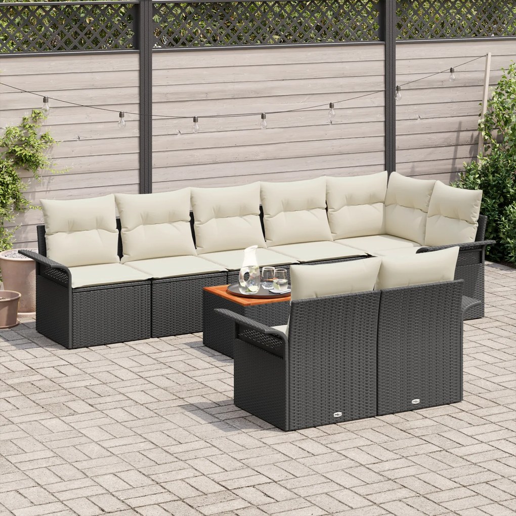 Conjunto de Sofá de Jardim com 9 Peças e Almofadas Rattan Preto Acácia