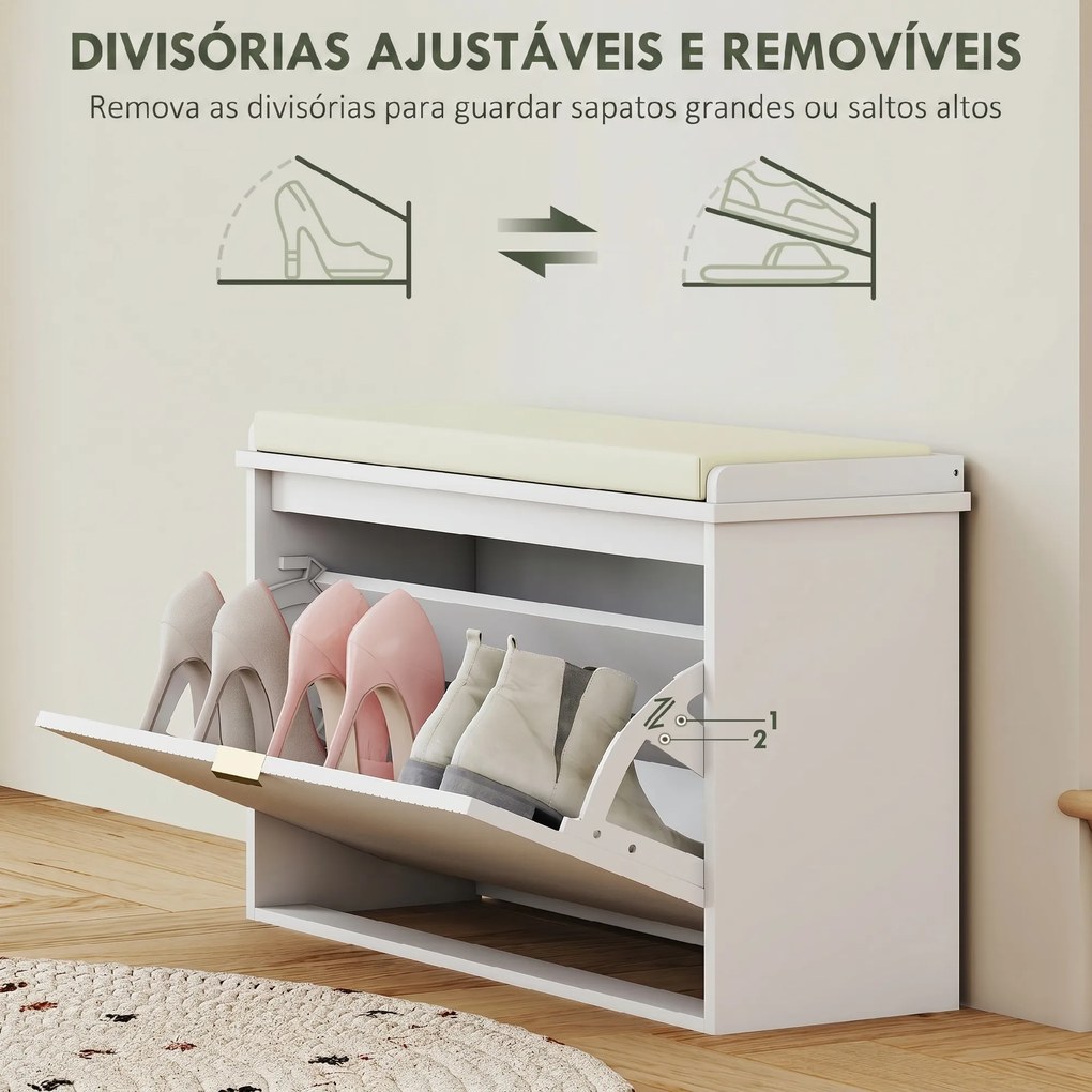 Banco Sapateira Móvel Sapateira Estreito com Assento Estofado Caixa Rebatível e Painel de Ripas 80x26x47,5 cm Branco