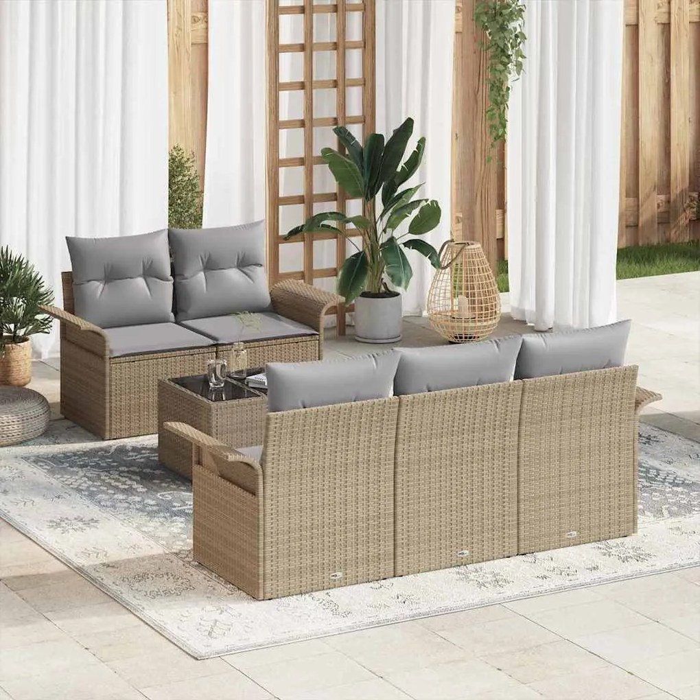 vidaXL Conjunto de Sofá de Jardim 6 Peças com Almofadas Bege em Poliratan