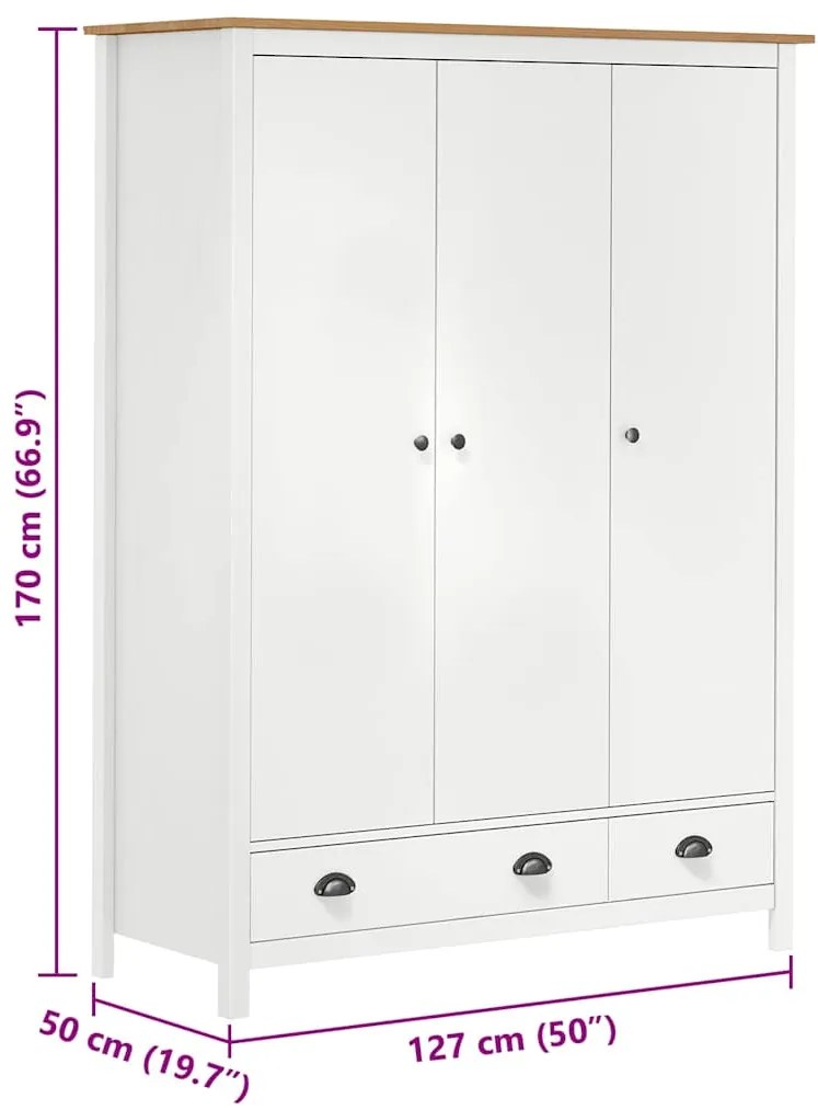 Roupeiro 3 portas Hill 127x50x170 cm pinho maciço branco
