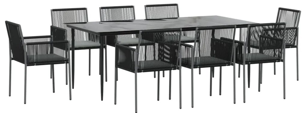 9 pcs conjunto jantar p/ jardim c/ almofadões vime PE/aço preto