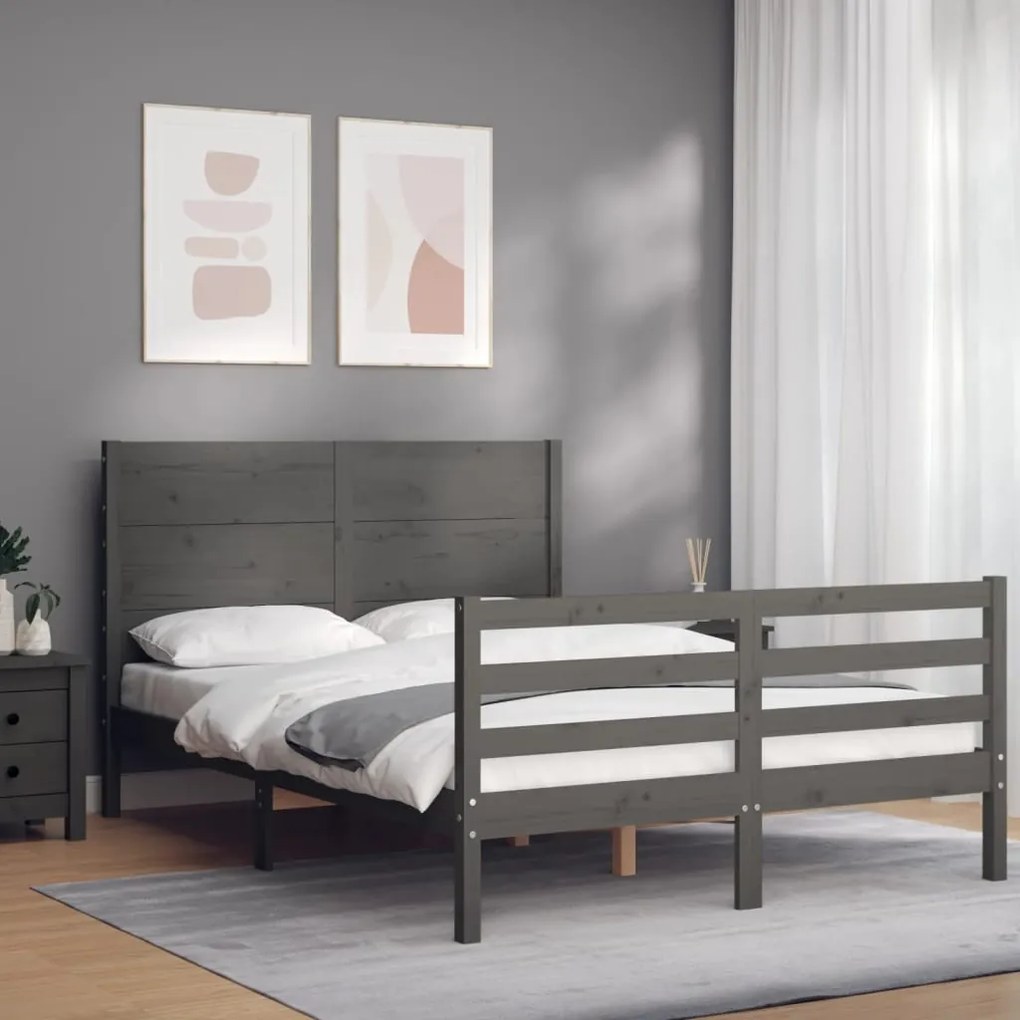 Estrutura de cama com cabeceira 140x190 cm madeira maciça cinza
