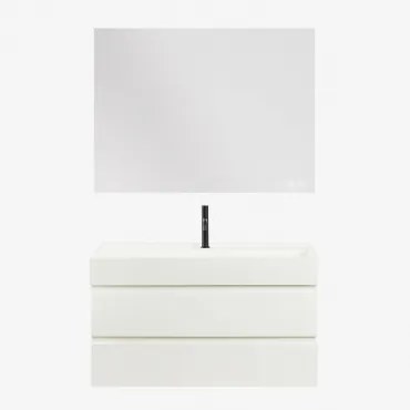 Conjunto De Móvel De Casa De Banho Em Madeira E Chapa De Freixo Com Lavatório Integrado Ona Branco & Retangular Led E Anti-embaciamento - Sklum