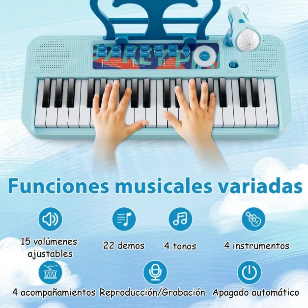 Piano eletrónico para crianças de 37 teclas com banco ajustável microfone removível suporte de música brinquedo eletrionico Azul