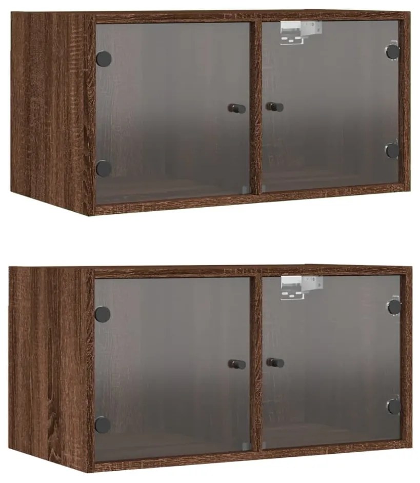 Armários de parede c/ portas vidro 2 pcs 68,5x37x35 cm castanho