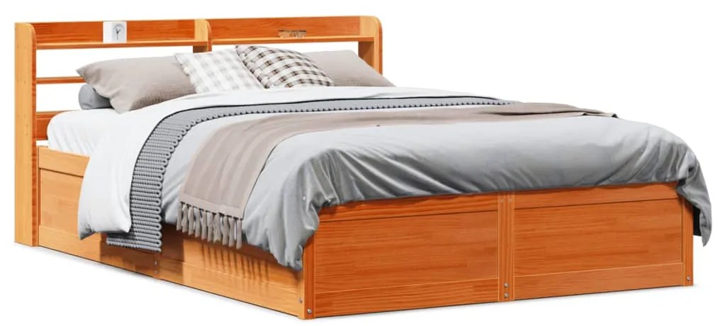 Estrutura cama c/ cabeceira 140x200cm pinho maciço castanho-mel