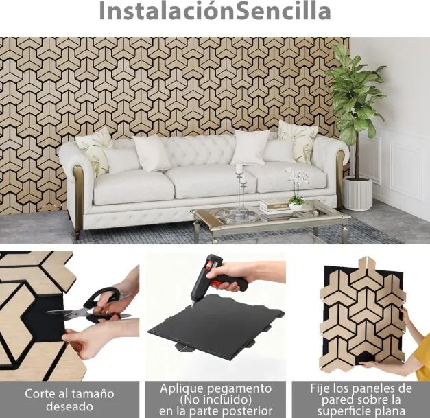 Conjunto de 4 painéis acústicos 83 x 65 cm com 27 tábuas de madeira irregulares para redução de ruído e decoração de tetos e paredes
