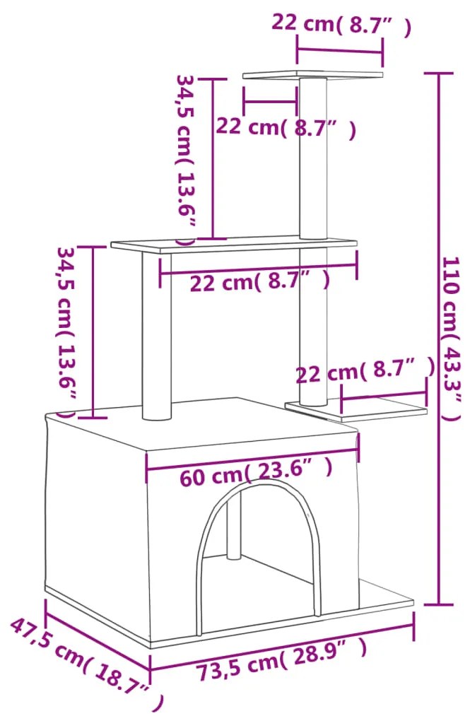 Árvore p/ gatos c/ postes arranhadores sisal 110 cm cinza-claro