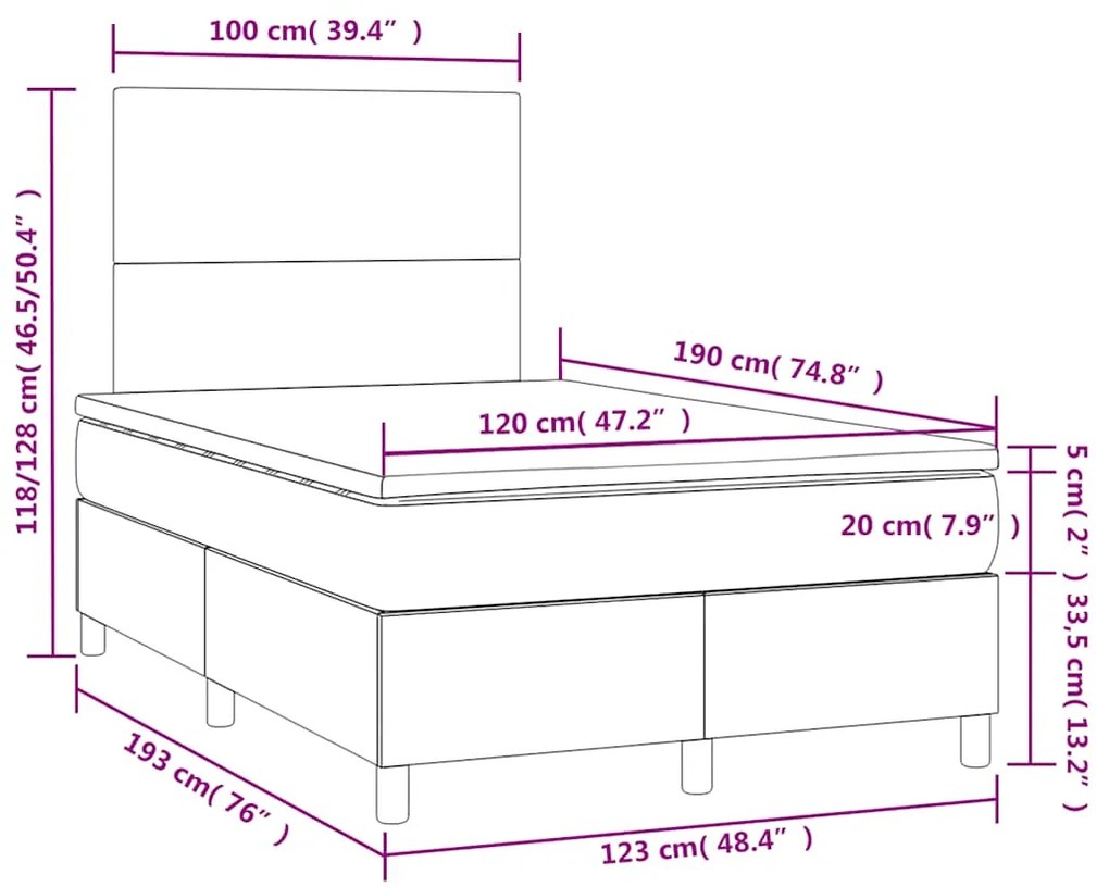 Cama box spring colchão LED 120x190cm couro artif. azul-escuro