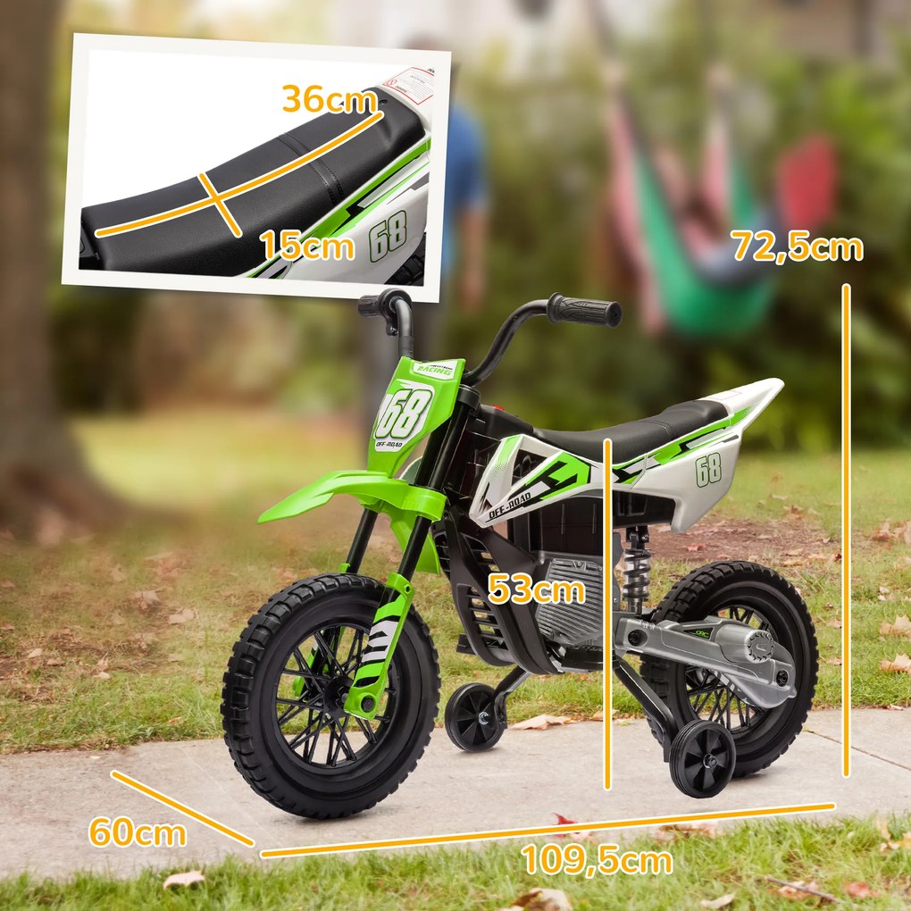 Mota Elétrica para Crianças 3 anos a 5/6 anos (até 30 kg) com Bateria 12V Música Velocidade 2,4-5 km/h e Rodas Auxiliares 107x56x70 cm Verde
