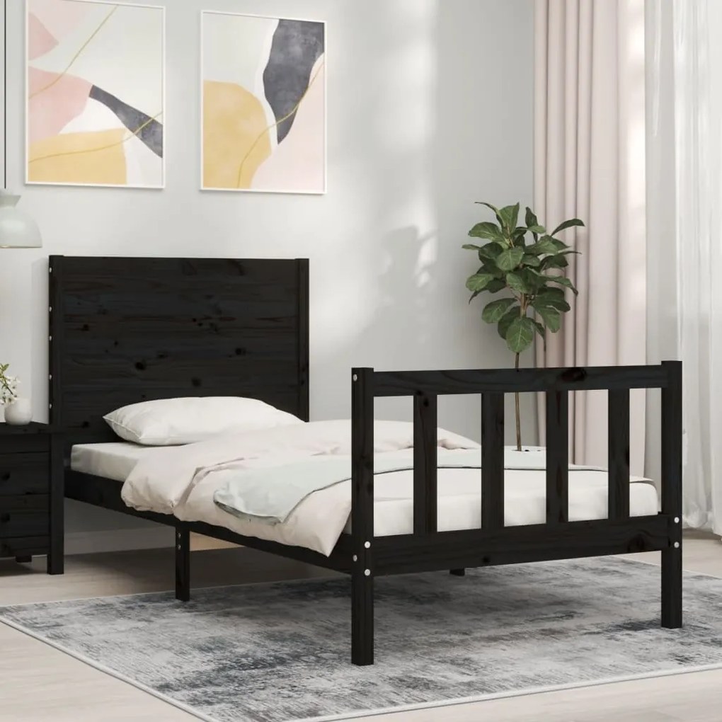 vidaXL Estrutura de cama com cabeceira 90x200 cm madeira maciça preto