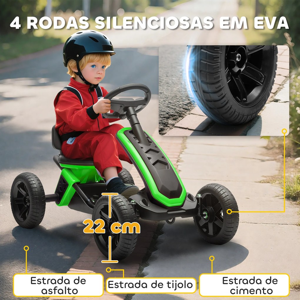 Kart Pedais Kart com Rodas Antiderrapantes de EVA Estrutura Metálica Carga 30 kg para Crianças de 2-5 Anos 85,5x49x57 cm Verde