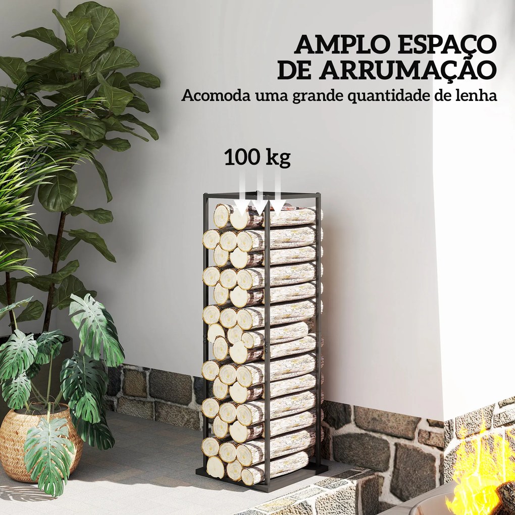 Suporte para Lenha Metálico para Lareira com Base Elevada Capacidade de 100 kg 33x33x110 cm Preto