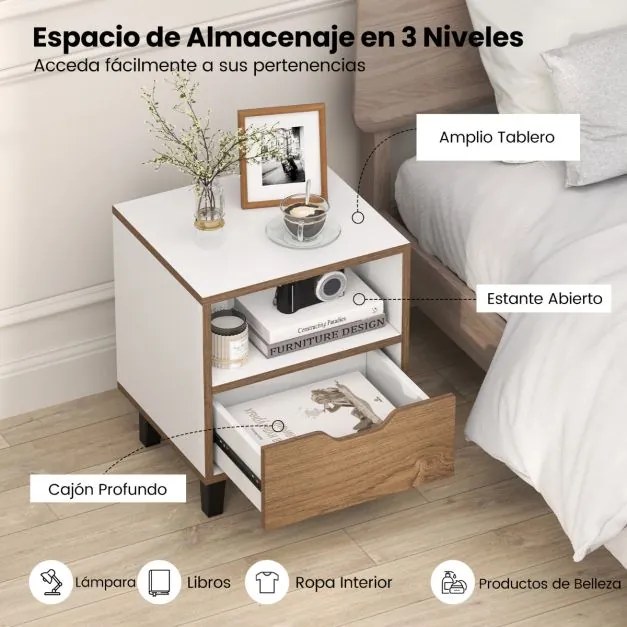 Mesas de cabeceira ou mesa de apoio moderna com gaveta Estante aberta para arrumação Pernas de metal Castanho + Branco