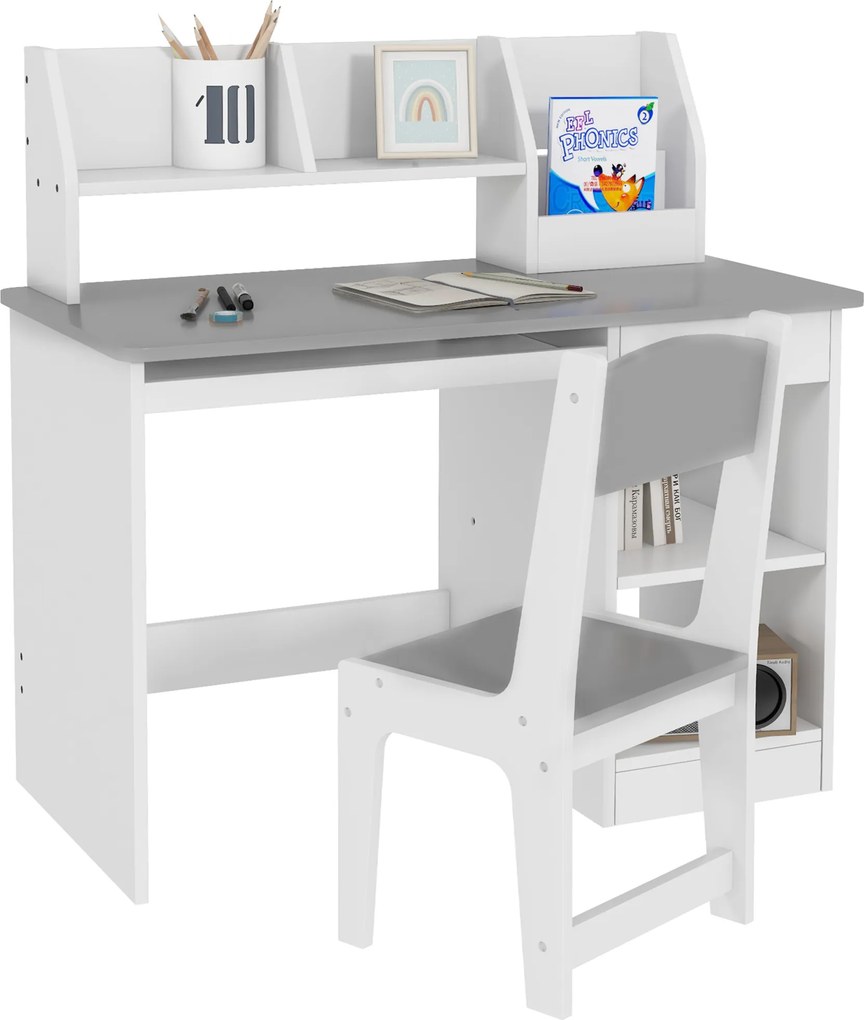 Conjunto de Secretária Infantil e Cadeira Ergonómica, 90 x 45 x 90 cm, Espaços de Arrumação, Cinzento