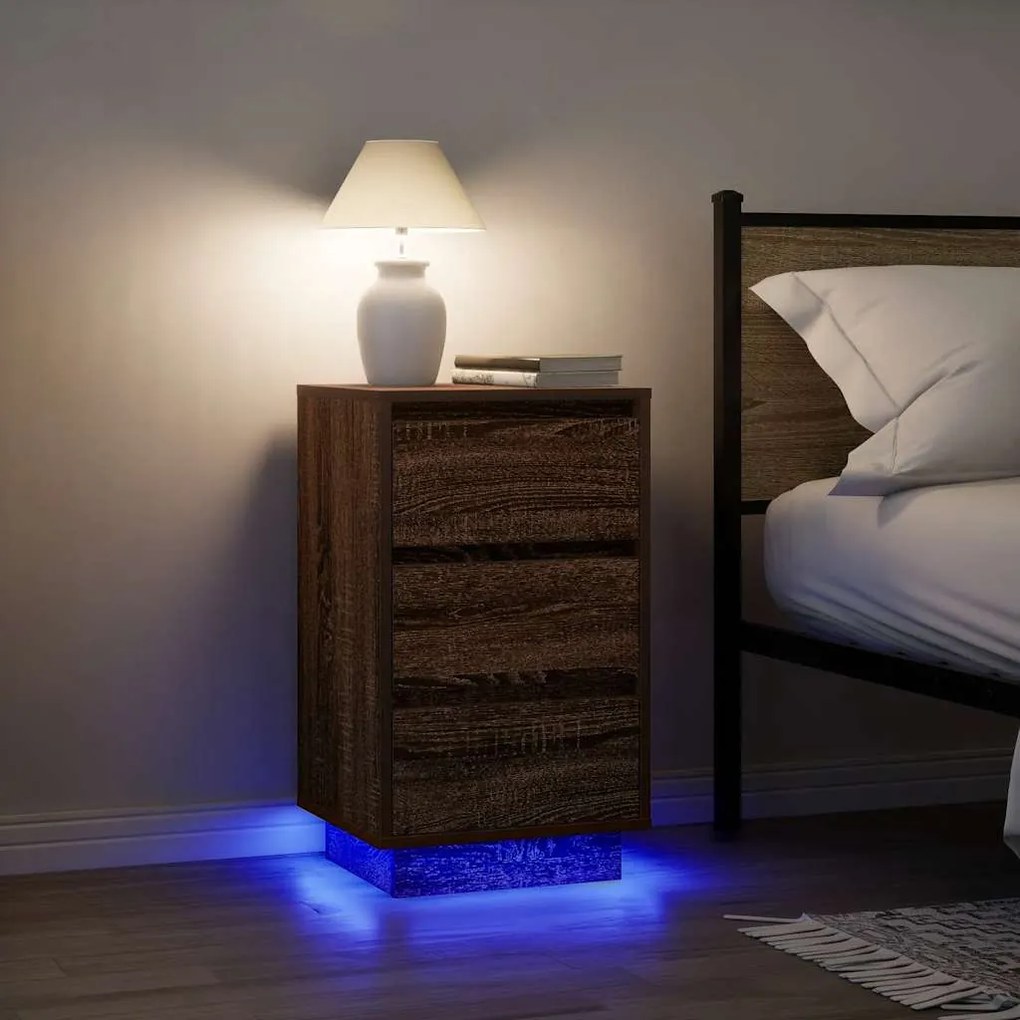 Mesa de cabeceira com luzes LED 38x34x65 cm carvalho castanho