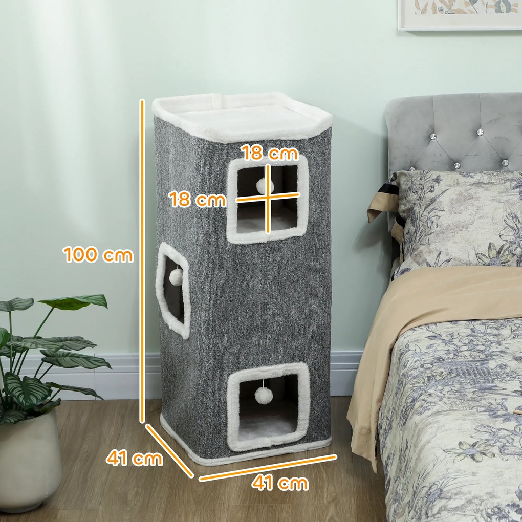 Torre para gatos de 4 níveis, árvore para gatos estável com bolas de brincar, plataforma superior com rebordo em pelúcia, 41 x 41 x 100 cm, cinzento
