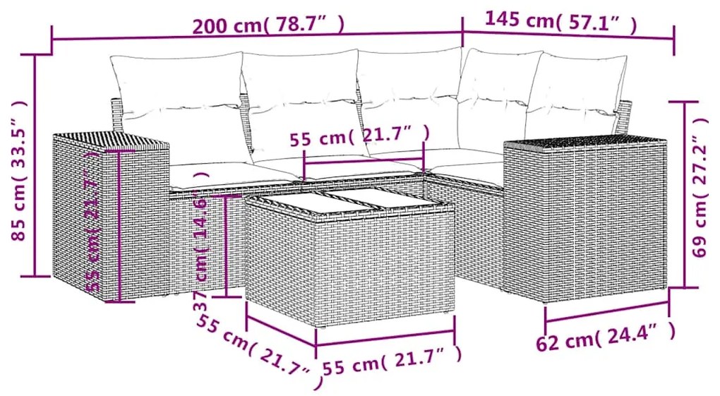 5 pcs conj. sofás jardim c/ almofadões vime PE cinzento-claro