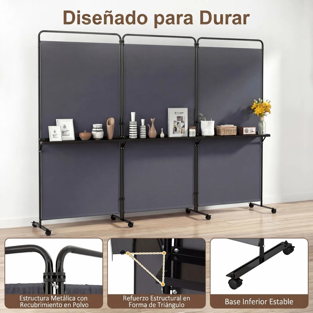 Biombo Divisório Dobrável de 3 Painéis, 259 x 44 x 188 cm, 8 Rodas Bloqueáveis, Cinzento