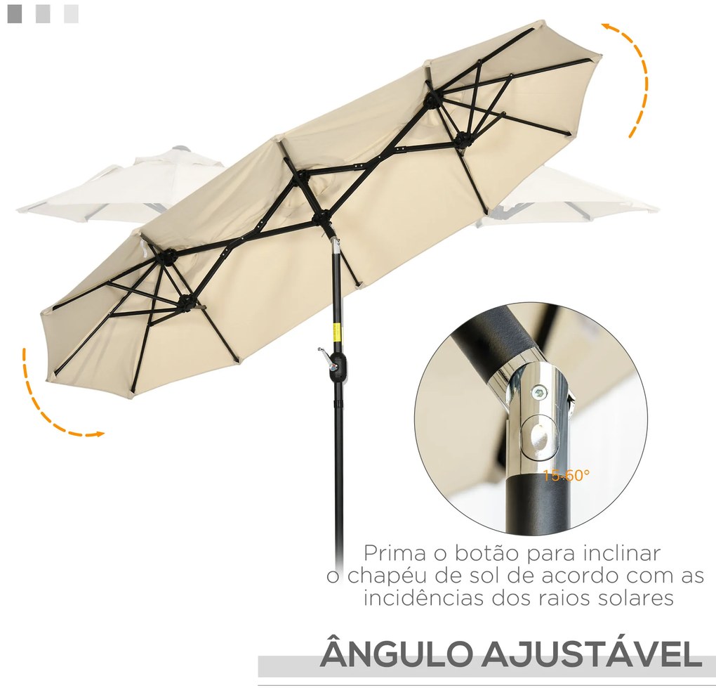 Chapéu de Sol Duplo Chapéu de Sol de Jardim com Inclinação de 45° Manivela Estrutura de Aço 295x152x222 cm Cáqui