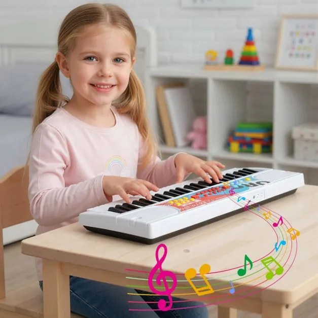 Teclado de piano para crianças elétrico portátil de 49 teclas com 8 ritmos, 8 tons e 10 demonstrações Instrumento musical branco