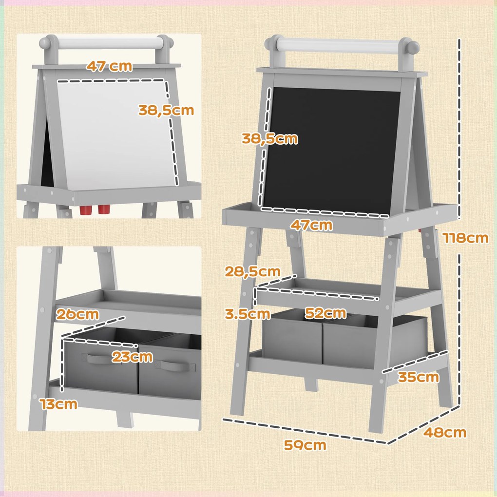 Cavalete de Pintura Infantil 3 em 1 Quadro Dupla Face com Rolo de Papel e Cestos de Arrumação Cinzento