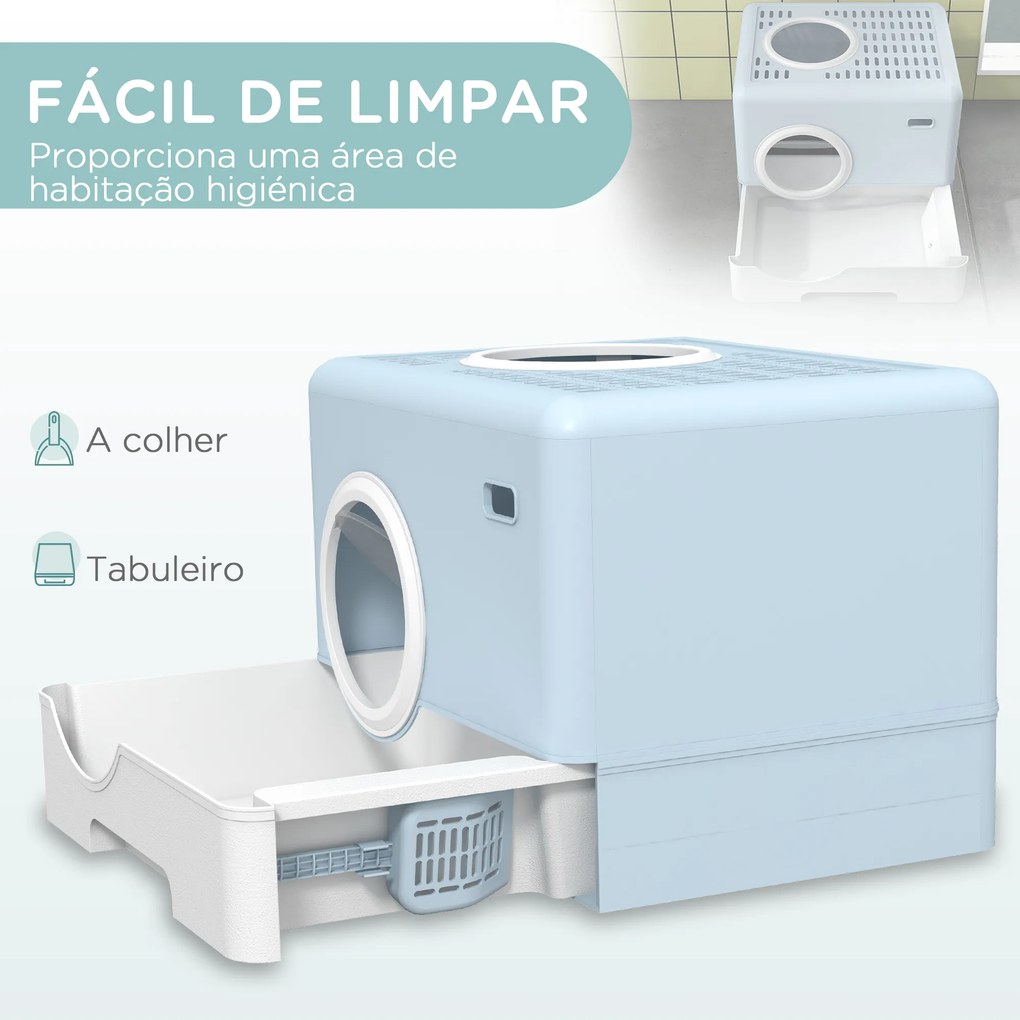 Caixa de Areia para Gatos com Pá Bandeja Removível 2 Portas Entrada Frontal e Saída Superior 52x41x38,5 cm Azul Claro