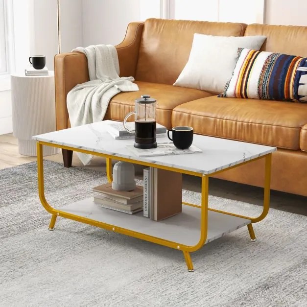 Mesa de centro moderna em mármore com Estante para Sala de Estar Escritório 105 x 55 x 46,5 cm Branco e dourado