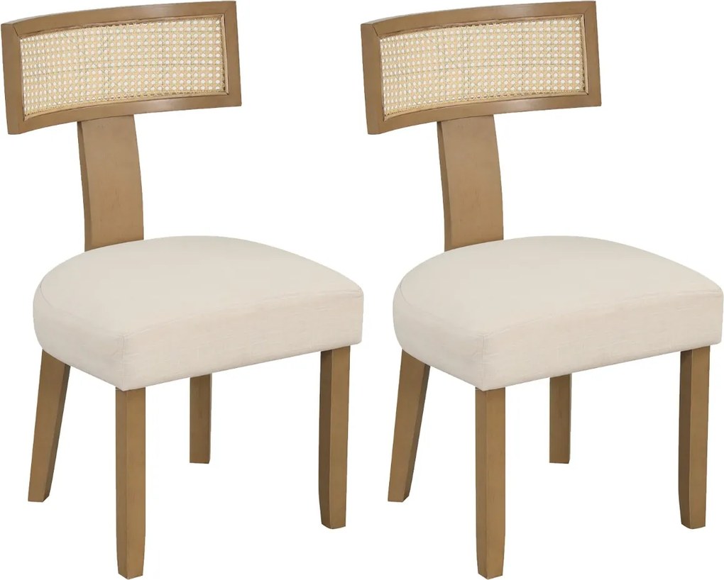 Conjunto de 2 cadeiras de jantar em madeira de borracha, com assento estofado, encosto largo e rattan; para sala de estar, quarto, restaurante e café+