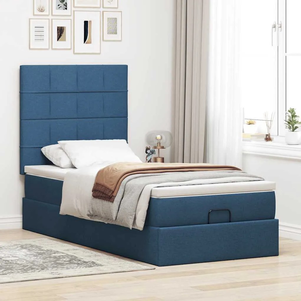 Cama Otomana com Colchão &amp; LEDs Tecido Azul 100x200 cm