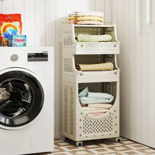 Carrinho para roupa suja 40 x 30 x 100 cm com 4 níveis com Cesto dobrável com 2 cestos 6 ganchos para pendurar com rodas bege