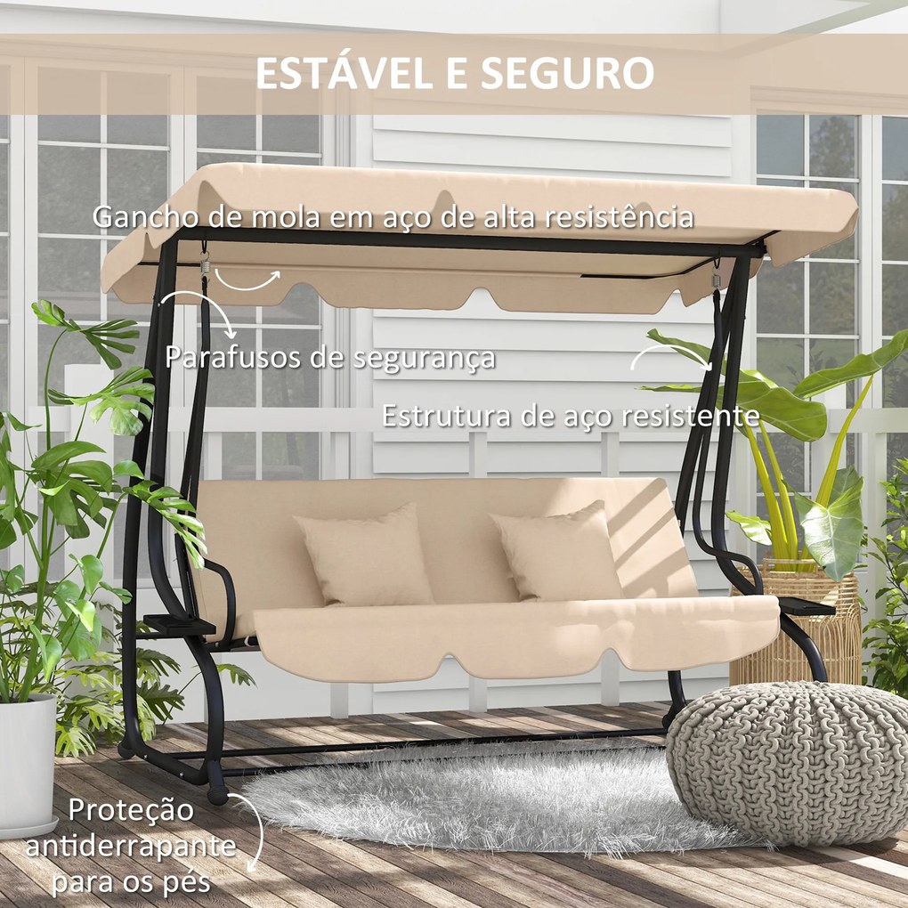 Baloiço de Jardim com 3 Lugares 2 em 1 com Toldo Ajustável Bandejas Laterais e Almofadas p 200x120x164 cm Bege