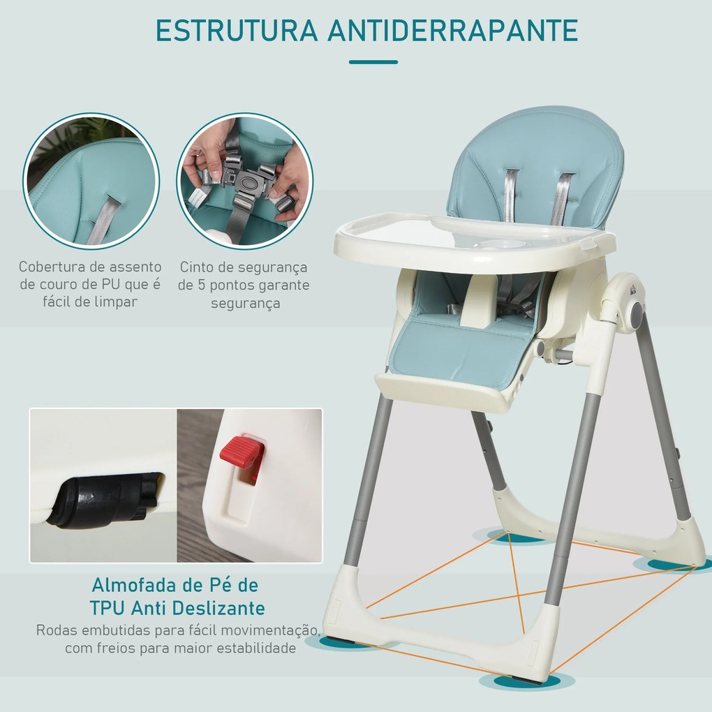 Cadeira de refeição ajustável e dobrável para bebê acima de 6 meses com bandeja dupla 55x80x104 cm azul