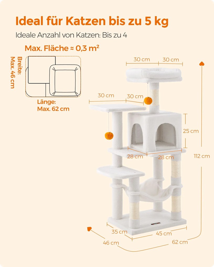 Arranhador para gatos com cama de rede e caverna 45 x 35 x 112 cm creme branco