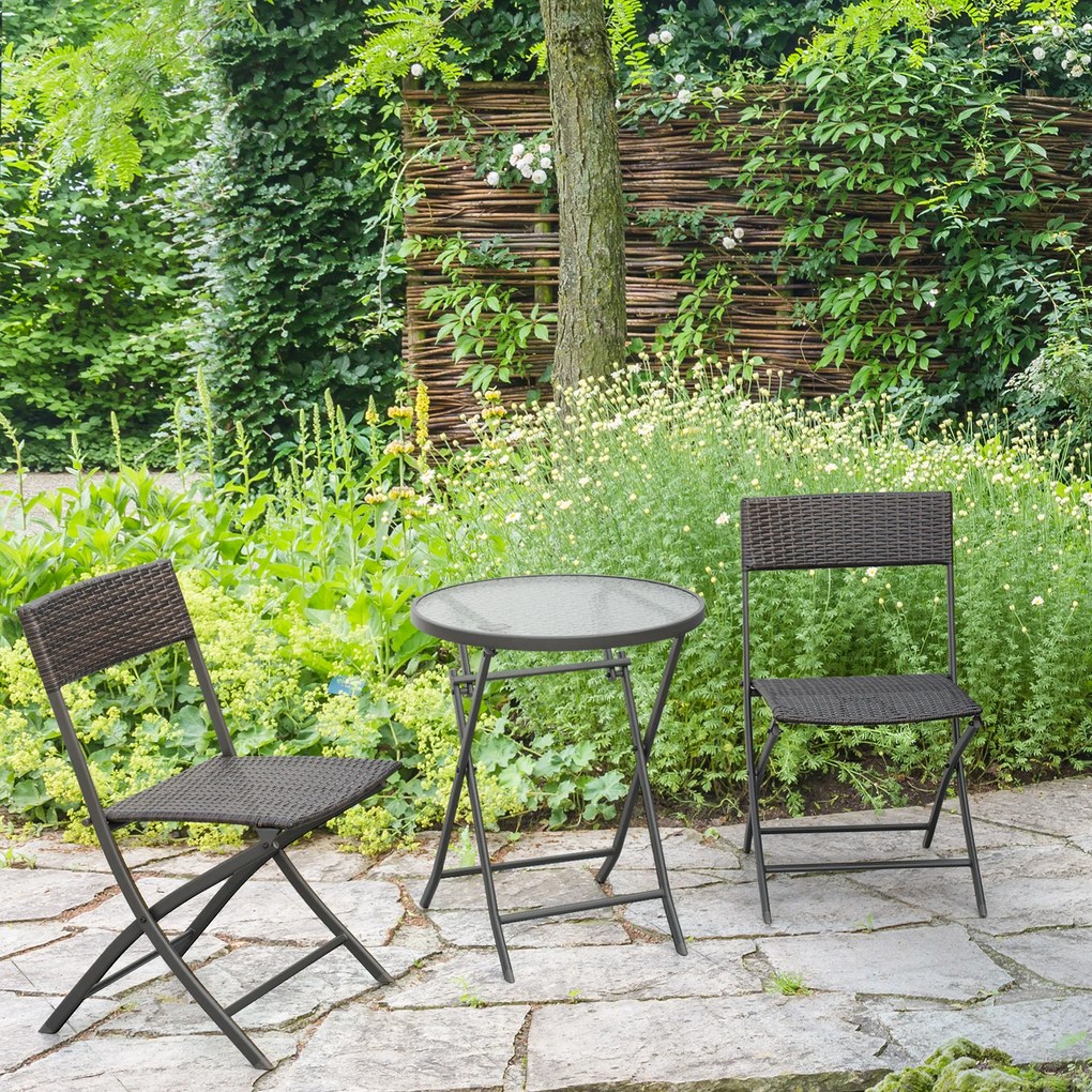Conjunto de Mesa e 2 Cadeiras Móveis Ratan para Jardim Dobrável Estrutura Aço - 61x46x84cm Castanho