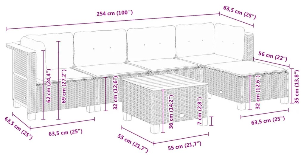 6 pcs conjunto sofás de jardim c/ almofadões vime PE preto