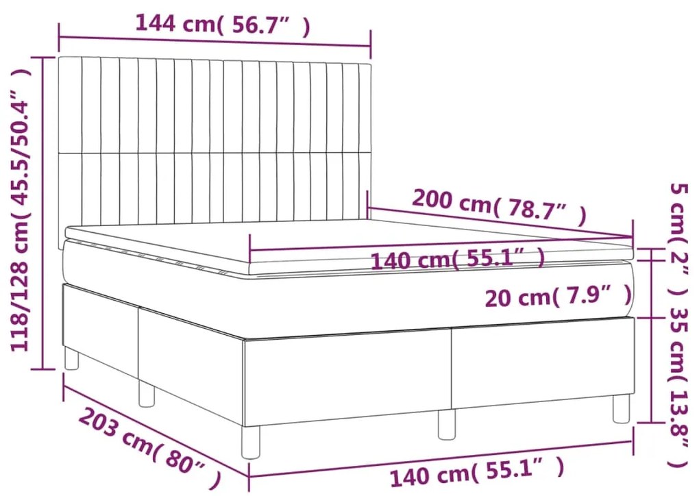 Cama box spring c/ colchão e LED 140x200 cm tecido cor creme