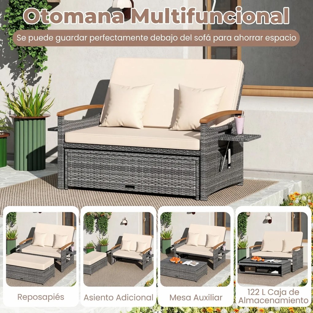 Conjunto de Sofá-Cama de Jardim, Otomana de Arrumação e 2 Mesas Laterais, 164 x 72-111 x 54,5-88 cm, Encosto Regulável em 4 Níveis, Cinzento e Bege