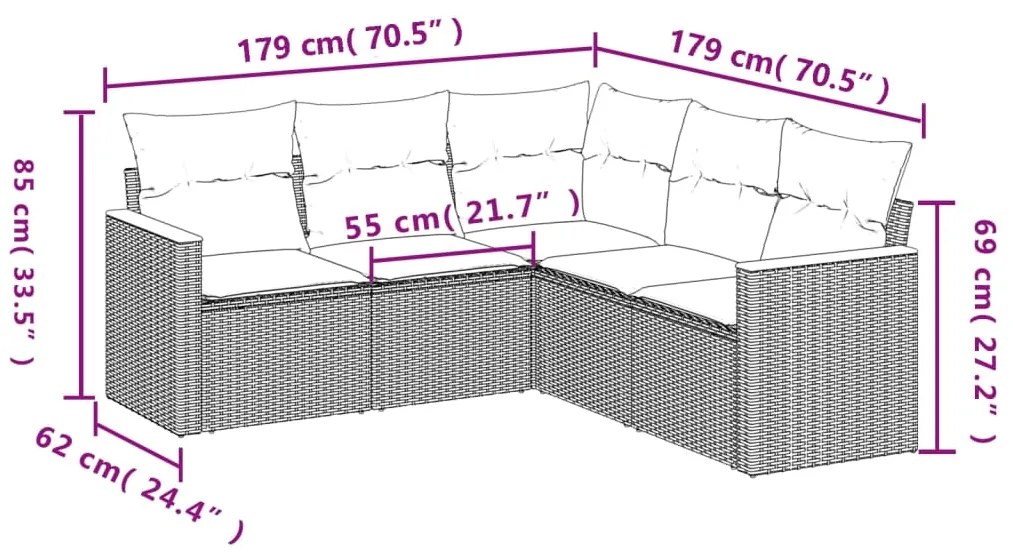 5 pcs conjunto de sofás p/ jardim com almofadões vime PE bege